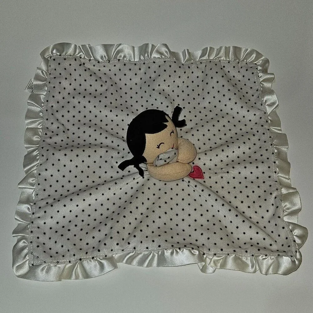 Carter's Baby Girl Doll Rattle Lovey Plush Black White Polka Dots Pink Heart